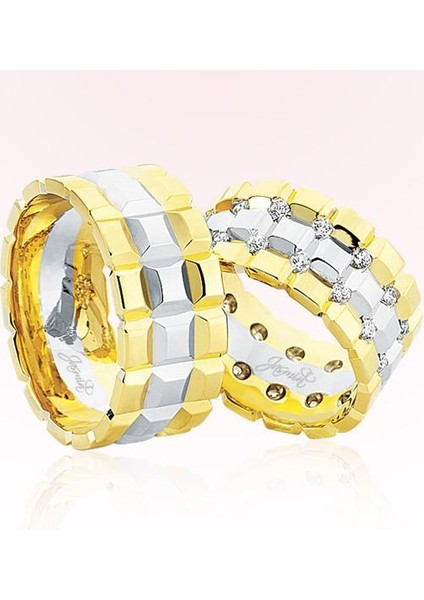 Sarı Beyaz Kareli Taşlı Altın Alyans 4205