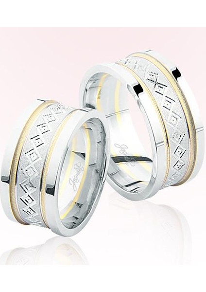 Beyaz Sarı Desenli Altın Alyans 7407