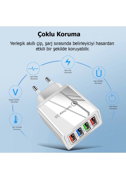 Hızlı Şarj Qc 3.0 4 USB Portlu 3.1A - 48W Çoklu Şarj Cihazı + 3 A Hızlı Şarj Kablosu - Micro USB