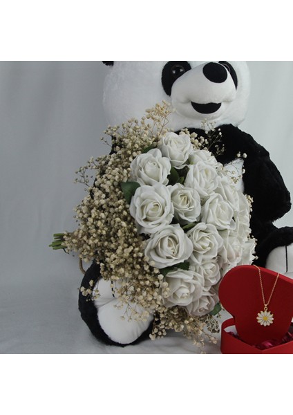 Buket Güller 20 Li Cipso Sarmalı Demet Altın Kaplama Papatya Kolye Sevimli Peluş Panda 50 cm