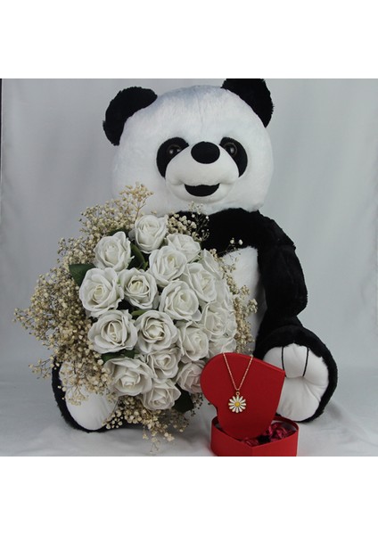 Buket Güller 20 Li Cipso Sarmalı Demet Altın Kaplama Papatya Kolye Sevimli Peluş Panda 50 cm modelleri