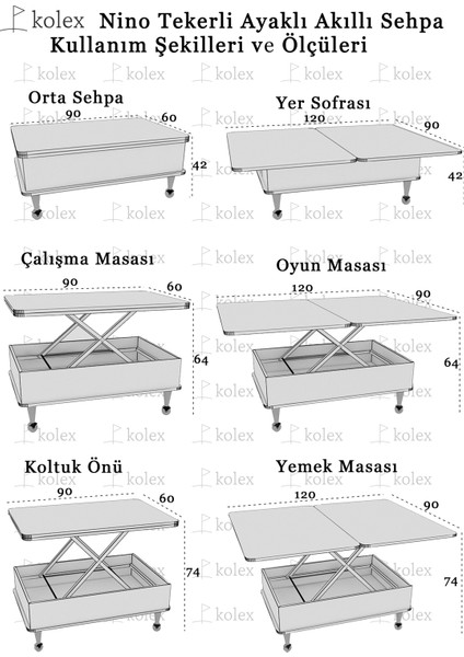 Nino Çekmeceli Akıllı Sehpa Tekerli Ayaklı Yemek Masası Çalışma Masası Beyaz Renk