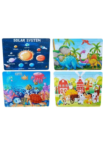 4 Adet Güneş Sitemi Dinazorların Dünyası 15 Hayvanlı ve Arkadaşları Ahşap Puzzle Seti 30 Parça