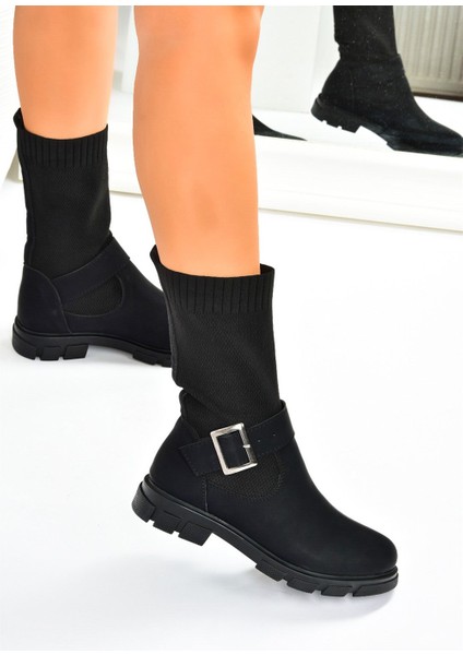 Siyah Triko Deri Kadın Bot L583182409