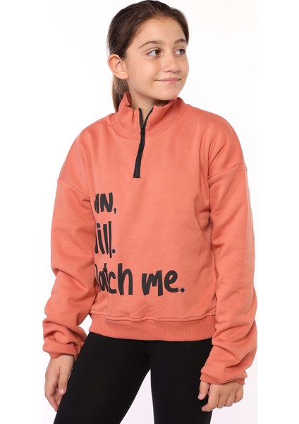 Toontoy Kız Çocuk Dik Yaka Fermuarlı Baskılı Sweatshirt