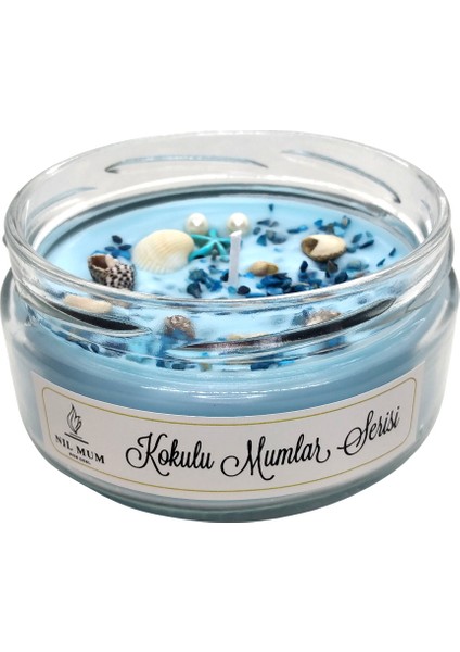 Nil Lavanta Kokulu Deniz Konseptli Soya Mum 300 gr Cam Ambalajda Doğal Taşlarla Süslenmiş