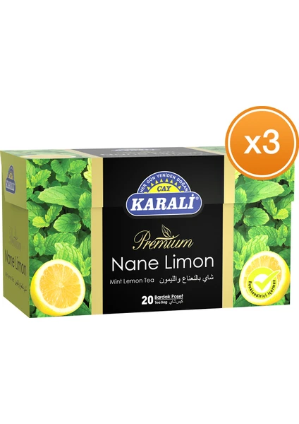 Karali Çay Premium Bardak Poşet Nane Limon Çayı 20'li x 3 Paket