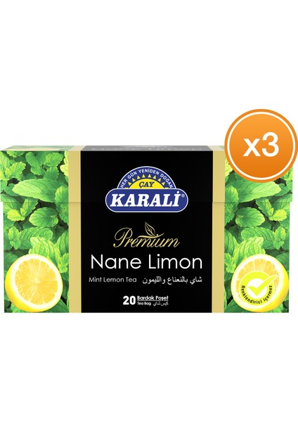 Karali Çay Premium Bardak Poşet Nane Limon Çayı 20'li x 3 Paket