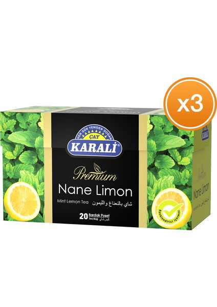 Karali Çay Premium Bardak Poşet Nane Limon Çayı 20'li x 3 Paket