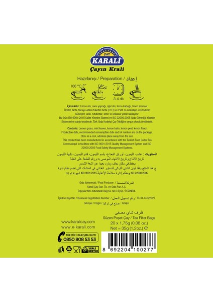 Karali Çay Premium Bardak Poşet Nane Limon Çayı 20'li x 3 Paket