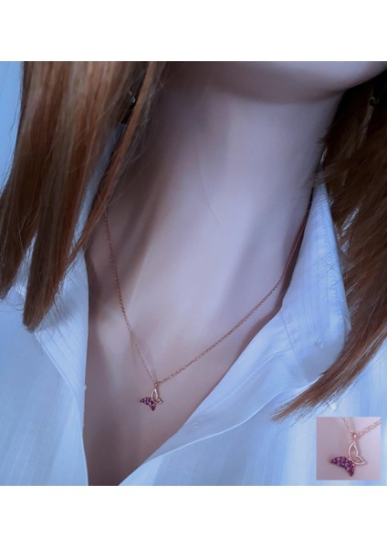 Fuşya Minimal Kelebek Rose Gümüş Kolye