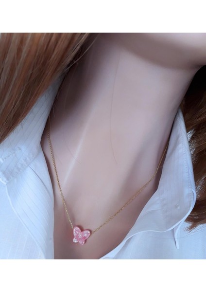 Pembe Kelebek Resin Taş 14K Altın Kaplama Kolye