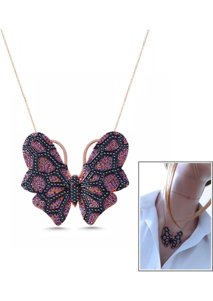 Dev Mor Kelebek Kolye