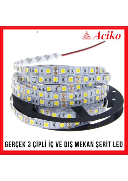 3 Çipli Iç ve Dış Mekan Şerit LED 1-2-3-4-5-10-15 Metre Silikonsuz ( Iç Ortam )-Günışı-5 Metre