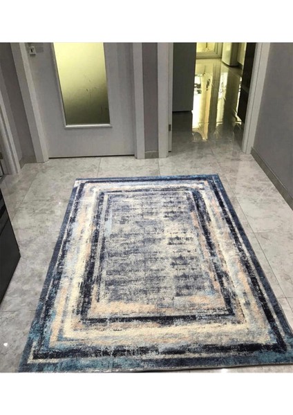 Gri Batik Kaymaz Tabanlı Yıkanabilir Halı Kilim Yolluk Gri Mavi