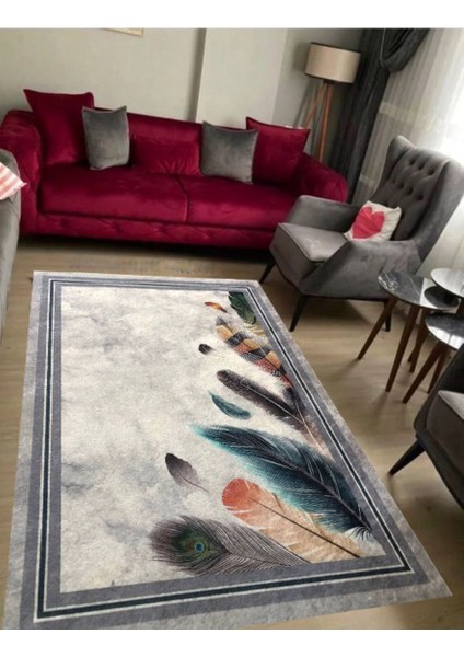 STY Home Gri Tüykaymaz Tabanlı Yıkanabilir Halı Kilim Yolluk Gri Mavi