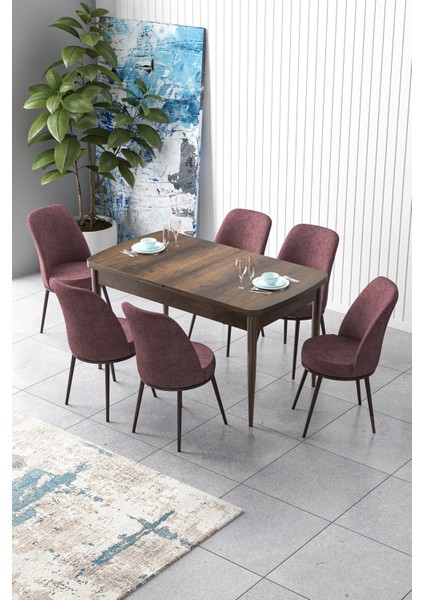Concept Canisa Zen Serisi Mdf Açılabilir Barok Ahşap Desen Mutfak Masa Takımı+6 Adet Sandalye (80 x 132 Cm)