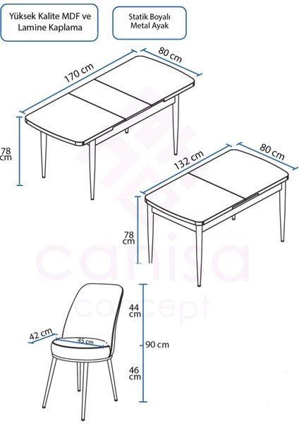 Concept Canisa Zen Serisi Mdf Açılabilir Barok Ahşap Desen Mutfak Masa Takımı+6 Adet Sandalye (80 x 132 Cm)