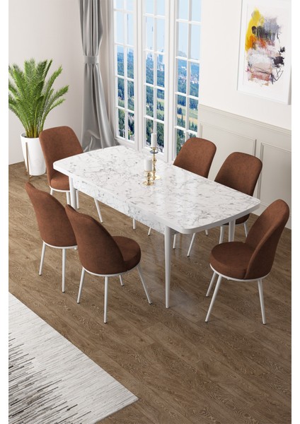 Concept Canisa Zen Serisi Açılabilir Mdf Beyaz Mermer Desen Mutfak Masa Takımı+6 Adet Sandalye (80 x 132 Cm) fiyatları