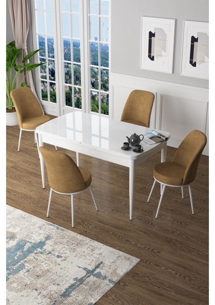 Concept Canisa Zen Serisi Açılabilir Mdf Beyaz Mutfak Masa Takımı+4 Adet Sandalye (80 x 132 Cm)