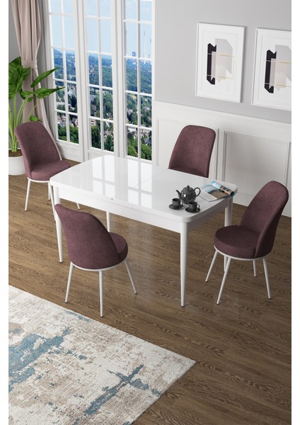 Concept Canisa Zen Serisi Açılabilir Mdf Beyaz Mutfak Masa Takımı+4 Adet Sandalye (80 x 132 Cm)