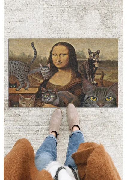 Buket Home Mona Lisa ve Kedileri Kapı Önü Paspası Dekoratif Kapı Paspası Dış Mekân Paspas Ev Içi Paspası 45X70CM