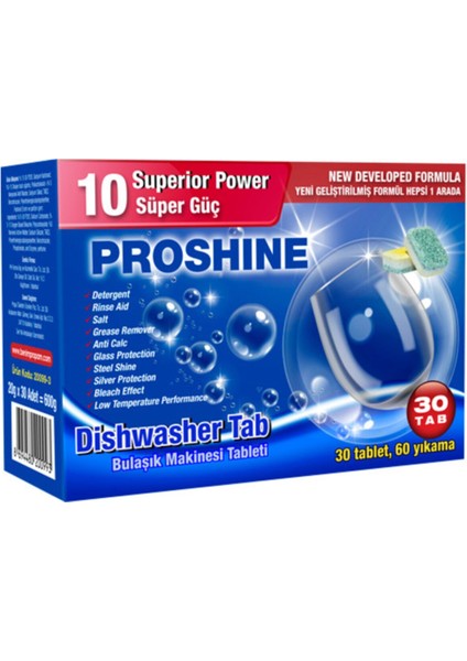 Proshine Bulaşık Makinesi Deterjanı 30 Tablet 60 Yıkama + Bulaşık Makinesi Temizleyicisi Tableti