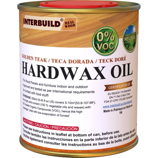 INTERBUILD REAL WOOD Interbuild Hardwax Oil (0%) Voc 250 ml Mobilya ve Ahşap Tezgah Yağı, Altın Tik