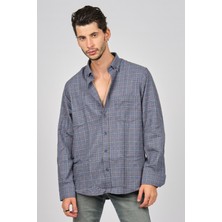 De Leone Erkek Çizgili Uzun Kollu Yün Apre Gömlek 017105 Mavi