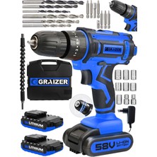 Graizer Hybrid 58 V 5 Ah Darbeli Çift Akülü Vidalama Metal Şanzuman Şarjlı Matkap Mavi