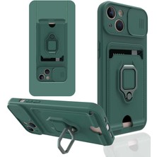 Case 4U Apple iPhone 13 Kılıf Kamera Korumalı Yüzüklü Stand Olabilen Kartlıklı İp Takılabilen Pelit Kapak Koyu Yeşil
