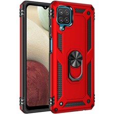 Tekno Grup Samsung Galaxy M32 Kılıf Çift Katmanlı Yüzüklü Manyetik Vega Kapak Kırmızı + Cam Ekran Koruyucu