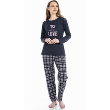 Vıshenka Kadın Love Yazı Baskılı %100 Pamuk Lacivert Renk Pijama Takımı