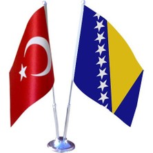 Bayrak Masa Üstü Bosna Bayrağı Türk Bayrağı Ikili Krom Direk ile Birlikte