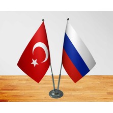 Bayrak Masa Üstü Rusya Bayrağı Türk Bayrağı Ikili Krom Direk ile Birlikte