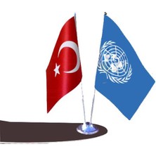 Bayrak Masa Üstü Bm Birleşmiş Milletler ve Türk Bayrağı Ikili Direk ile Birlikte