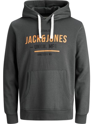 Jack & Jones Kapüşonlu Normal Kalıp Baskılı Koyu Gri Erkek Sweatshirt