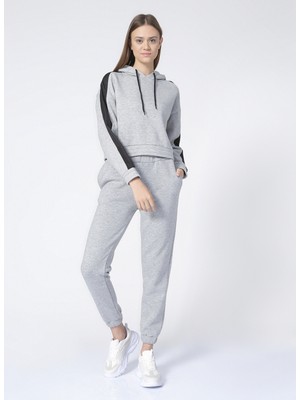 Limon MARI Kapüşonlu Düşük Omuz Gri Melanj Kadın Sweatshirt