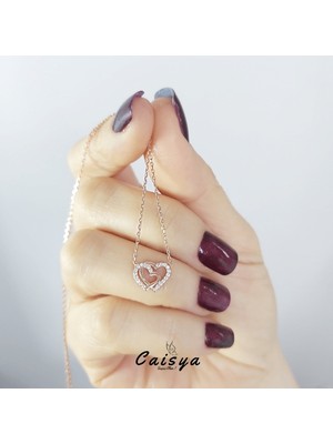 Caisya Butik Çift Kalpler Rose Gold Minimal Gümüş Kolye