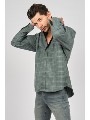 De Leone Erkek Çizgili Uzun Kollu Yün Apre Gömlek 017105 Yeşil