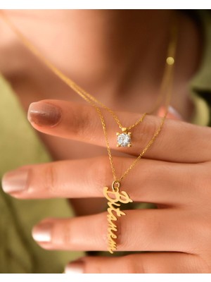 Papatya Silver 925 Ayar Gümüş Altın Kaplama Tektaş ve Bitanem Yazılı Asansörlü Kolye