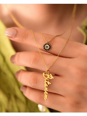 Papatya Silver 925 Ayar Gümüş Altın Kaplama Nazar ve Bitanem Yazılı Asansörlü Kolye