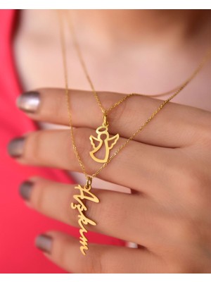 Papatya Silver 925 Ayar Gümüş Altın Kaplama Melek ve Aşkım Yazılı Asansörlü Kolye