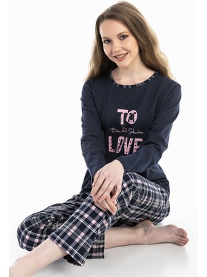 Vıshenka Kadın Love Yazı Baskılı %100 Pamuk Lacivert Renk Pijama Takımı