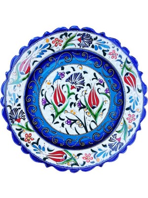 Çetin Çini Seramik Mavi El Işlemesi Lale Desenli Tabak 25 cm