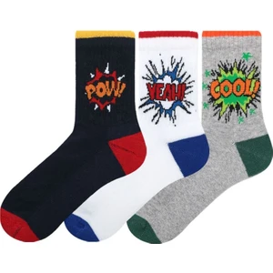 3'lü Slogan Desenli Erkek Çocuk Yarım Havlu Çorabı