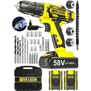 V-Tec 58 V 5 Ah Çelik Motor Çelik Şanzuman Darbeli  Şarjlı Çift Akülü Vidalama Matkap Sarı