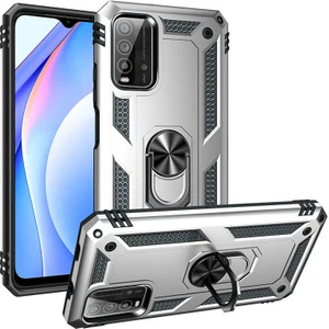 Tekno Grup Xiaomi Redmi 9t Kılıf Çift Katmanlı Yüzüklü Manyetik Vega Kapak Gümüş