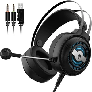 Hiteec N1 Pro Kulak Üstü Oyun Kulaklığı 3,5 mm Kablolu Oyun Kulaklığı Renkli Solunum Işıkları Gürültü Engelleyen E-Spor Kulaklık Mikrofon Ses Kontrollü Aux+Usb Masaüstü Pc Için