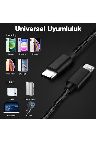 Revix USB - Type C Iphone Lightning 20W Pd Hızlı Şarj Kablosu 20CM Kısa Powerbank Kopmaz Halat Kablo